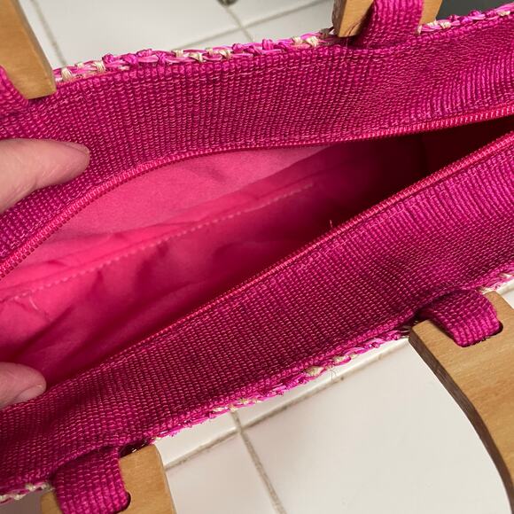 VTG Y2K Pink Woven Bag Wood Handle Clueless Coquette 90s Vibe - Picture 6 of 6